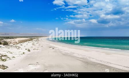 Weite weiße Sandstrände treffen bei Tageslicht auf leuchtend türkisfarbenes Wasser unter einem hellblauen Himmel auf der Insel Socotra. Stockfoto