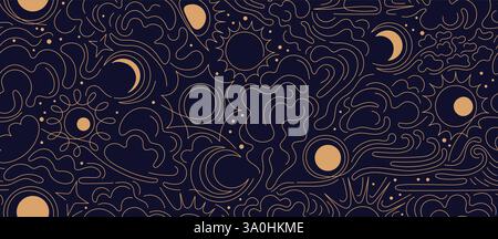 Sonne, Mond, Wolken nahtloses Muster. Sterne am esoterischen Nachthimmel in minimalem Stil. Eine durchgehende dünne Linie. Goldener Vektor-Druck auf schwarzem Hintergrund für Stock Vektor