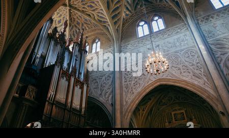 Besucher bewundern die atemberaubende Architektur der Chambery Kathedrale mit detaillierten Schnitzereien und einer großen Orgel im Hintergrund. Stockfoto