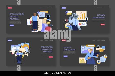 KI verbessert das globale Geschäft mit optimierten Finanzprozessen, Big-Data-Management und bereichsübergreifender Zusammenarbeit. Rationalisiertes Projektmanagement sorgt für Effizienz und Produktivität in modernen Unternehmen. Vektorabbildung. Stock Vektor