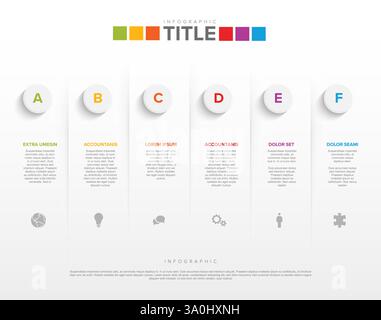 Eine klare, moderne Infografik-Vorlage mit sechs vertikalen Abschnitten mit der Bezeichnung A bis F, jeweils mit Symbolen und Platzhaltertext. Das Design hebt eine Stock Vektor
