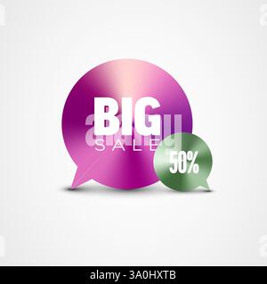 Ein lebhaftes Werbedesign mit einer lila Sprechblase mit „BIG SALE“-Text und einer grünen Blase mit „50 %“. Perfekt für Discowerbung Stock Vektor