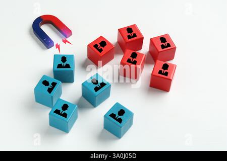 Magnet, der Holzwürfel mit menschlichen Figuren auf weißem Hintergrund anzieht. Rekrutierung oder Kundenakquise Stockfoto