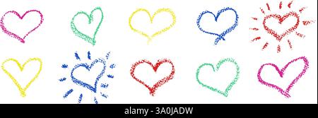 Set mit bunten Herzzeichen, gezeichnet mit Wachsstift. Liebessymbole im Doodle-Stil. Sammlung von handgezeichneten Kinderherzen für valentinskarten oder Stock Vektor