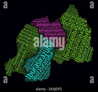 Ruandische Wortwolke. Regionale Namen des Landes in ruandischer Sprache. Helles Neondesign auf dunklem Hintergrund. Stock Vektor
