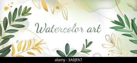 Grüner Hintergrund. Aquarellblume und goldenes Blatt, Frühlingsaquarell goldene Blätter. Pastellfarbene Sommertapete mit minimalem Luxus. Natürliche Einladung, Elega Stock Vektor