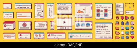 Retro-Internetfenster. Pixeldesign des Browserrahmens. Vintage-Webschnittstelle des Postbox-Dialogfelds der alten 90er Jahre. PC-Ordner. Fehlermeldung. Y2K-Online-Suchleiste. Stock Vektor