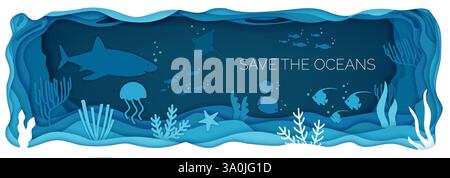 Meeresfische. Ozeanpapier geschnitten. Unterwassertiere. Unterwasserfauna. Meereswellen. Aquarium Algen. Schwimmender Hai und Stachelrochen. 3D-papiergeschnittene Schichten für selbstklebendes vinyl Stock Vektor