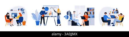 Teamarbeit. Büromitarbeiter. Junge Männer oder Frauen arbeiten zusammen. Kreative Mitarbeiter-Community. Person am Computertisch. Kommunikation mit Kollegen. Stock Vektor