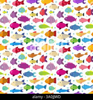 Nahtloses Muster mit Doodle-Fisch. Kindlicher Meereshintergrund. Unterwasser-Zeichen. Ozeanarium-Fauna. Dekor aus Textil, Geschenkpapier, Tapete. Drucken für Stock Vektor