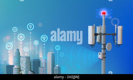 Telecom Tower. Telekommunikations-5G-Antenne. Drahtloses Internetnetzwerk oder Breitband-Mobilgeräte. Elektronische Mobilfunkverbindung. Modernes Stadtgebäude Stock Vektor