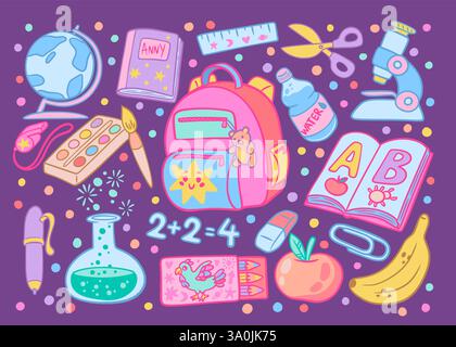 Schulpapier. Zubehör für Studien, Rucksack für Bücher und Kinder, Lineal und Notizbuch. Niedlicher Rucksack, Notiz, Schere. Globus und Mikroskop. Kugelwagen Stock Vektor