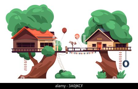 Kinderbaumhaus. Kinder, die Bauarbeiten spielen. Kabine mit Seilen oder Holzleitern. Reifenschaukel und Kite. Gemütliches Gebäude auf einem Holzzweig. Kleines Haus Stock Vektor