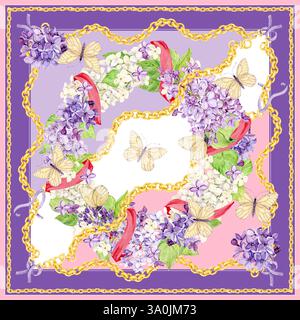 Aquarellmuster für Seidenschal und Textildruck. Design von Halstuch oder Bandana in Flieder- und Rosa-Tönen. Frühlingsblumen Flieder, Schmetterlinge und goldene Kinderketten. Stockfoto