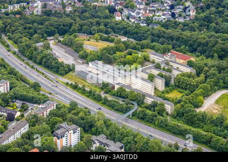 Luftaufnahme, ehemalige Polizeischule Essen, Polizeikaserne Norbertstraße, an der Autobahn A52, Bredeney, Essen, Ruhrgebiet, Nordrhein-Westfalen, Deutsch Stockfoto