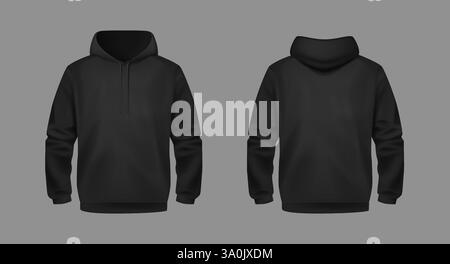 Stylischer Schwarzer Unisex-Hoodie. Vorder- und Rückansicht. Sport-Hoodies. Bequeme Kleidung. Stock Vektor