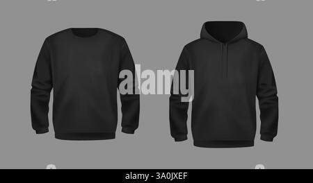Stylischer Schwarzer Unisex-Hoodie. Vorder- und Rückansicht. Sport-Hoodies. Bequeme Kleidung. Stock Vektor