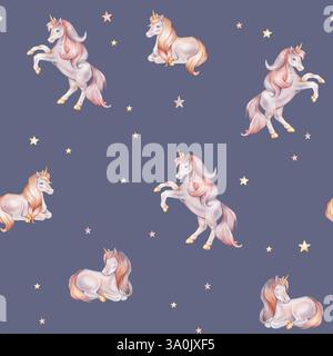 Nahtloses Aquarellmuster mit Einhorn und mehrfarbigen Sternen. Handgezeichnete Illustrationen des Hintergrunds für Kinderzimmer-Tapeten, Babydekor, Textilien Stockfoto