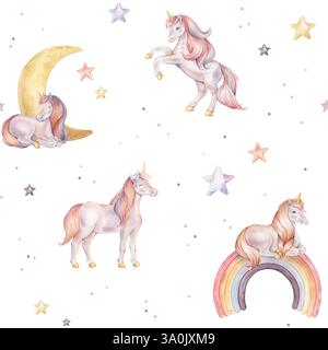 Nahtloses Aquarellmuster mit Einhorn und mehrfarbigen Sternen. Handgezeichnete Illustrationen des Hintergrunds für Kindertagetapeten, Babytextilien oder Stockfoto