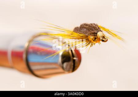 Makrovorderansicht einer einzelnen gelben Angelfliege in einem Schraubstock vor weißem Hintergrund Stockfoto