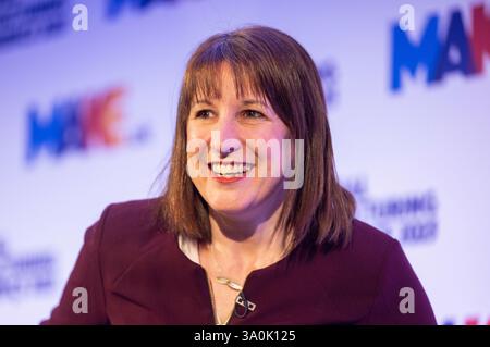 London, Großbritannien. März 2025. Bundeskanzlerin Rachel Reeves hält eine Rede auf der National Manufacturing Conference on Defence Procurement für Großbritannien. Quelle: Karl Black/Alamy Live News Stockfoto