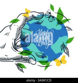 Erde und grüne Blätter in der menschlichen Hand. Illustration der Vektor-Overlay-Skizze für Umgebungstag isoliert auf weißem Hintergrund. Handgezeichnetes Banner-Poster Stock Vektor