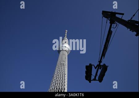 Landschaft mit malerischem Blick auf Tōkyō Sukaitsuri, den Sende- und Aussichtsturm, bekannt als „Sky Tree“ in Sumida, Tokio, Japan. Stockfoto