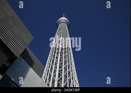 Landschaft mit malerischem Blick auf Tōkyō Sukaitsuri, den Sende- und Aussichtsturm, bekannt als „Sky Tree“ in Sumida, Tokio, Japan. Stockfoto
