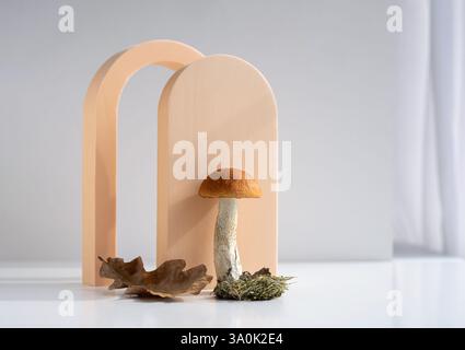 Ein Nahbild eines Pilzes mit brauner Kappe und weißem Stiel, auf einem beigefarbenen Bogen mit braunem Blatt. Vertikaler Freischnitt. Stockfoto