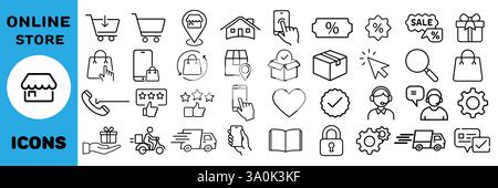 Einkaufssymbole. Online-Shopping, -Geschäft, -Lieferung, -Promotion und -Warenkorb-Symbol. Symbole Vektorsammlung Stock Vektor