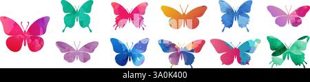 Schmetterlingskollektion. Aquarellabbildung. Clipart-Set mit farbenfrohen Schmetterlingen. Design-Elemente für Babyduschen. Partyeinladung, Geburtstagsfeier. Stock Vektor