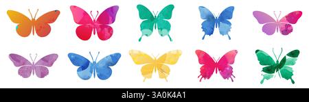 Schmetterlingskollektion. Aquarellabbildung. Clipart-Set mit farbenfrohen Schmetterlingen. Design-Elemente für Babyduschen. Partyeinladung, Geburtstagsfeier. Stock Vektor
