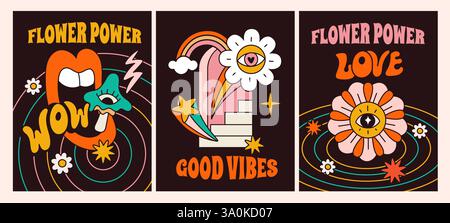 Psychedelische Hippie-Karten. Vintage-Poster mit groovigem Design. Helle abstrakte Fahrtsymbole. Gute Atmosphäre. Surreale Säureelemente. Pilze und Regenbogen. Bogentür l Stock Vektor
