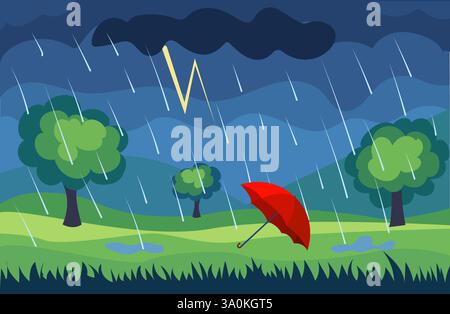 Vektor-Illustration eines roten Regenschirms in einer stürmischen Landschaft mit Regen und Blitz Stock Vektor