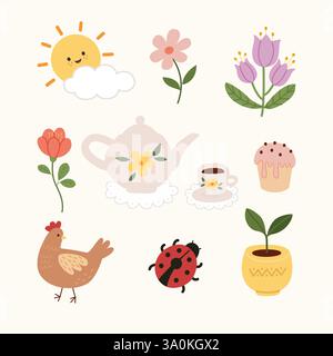 Set mit niedlichen Federelementen. Frühling handgezeichnete Blumen, Pflanzen und andere. Stock Vektor