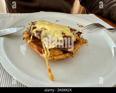 Übrig gebliebener Burger ein halb gegessen Rindfleisch Cheeseburger oder Hamburger Stockfoto