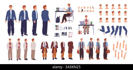 Businessman Charakterset. Cartoon-Mann-Konstrukteur. Büro formelle Kleidung. Verschiedene Gadgets und männliches Zubehör. Mann am Computertisch. Verschiedene Hände Stock Vektor