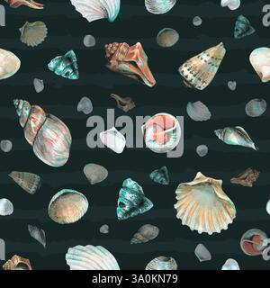 Nahtloses Muschelmuster auf dunkelblauem Hintergrund. Handgezeichnete Aquarelle Sea Shells zum Einpacken von Papier oder Textilien im nautischen Stil. Unter Wasser Stockfoto