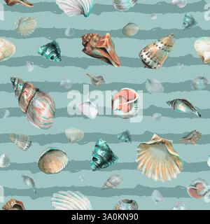 Muschelmuster auf blauem Hintergrund. Handgezeichnetes nahtloses Schmuckstück mit Meeresmuscheln zum Einpacken von Papier oder Textilien im nautischen Stil Stockfoto