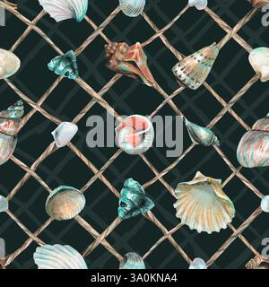 Muscheln hängen an einem Fischernetz aus Seilen. Handgezeichnete Aquarellillustration. Nahtloses Muster auf einem dunkelblauen Hintergrund, Marine, Strand Stockfoto