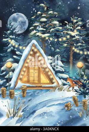 Winterlandschaft im Nachtwald mit einem dreieckigen Holzhaus, Bäumen, Mond und Schneewehen, dekoriert mit leuchtenden Girlanden. Aquarell Stockfoto