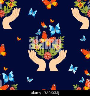 Nahtlose Muster Natur und Schönheit. Handflächen mit Blumen und Blättern lassen bunte Schmetterlinge auf blauem Hintergrund frei. Vektorabbildung Stock Vektor