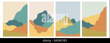 Moderne Landscape-Karten. Hintergründe mit welligen Hügeln und Bergen. Abstrakte Vorlage mit wellenförmigen Formen. Berggestaltung im orientalischen Stil. Stock Vektor