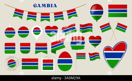Flag für Gambia gesetzt. Verschiedene nationale Flaggenkollektion mit verschiedenen Formen wie Herz, Schild, osterei, Lage, Kreis, Stempel, Grunge, Quadrat, Ro Stock Vektor