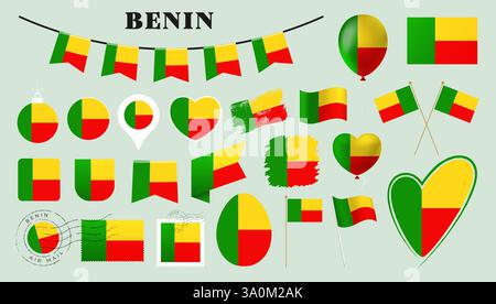 benin Flag gesetzt. Verschiedene nationale Flaggenkollektion mit verschiedenen Formen wie Herz, Schild, osterei, Lage, Kreis, Stempel, Grunge, Quadrat, Rou Stock Vektor