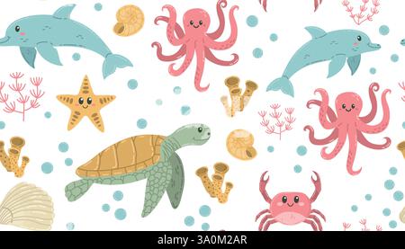 Spielerisch tanzende Meerestiere, nahtloses Muster. Schildkröten-, Delfine-, Kraken- und Krabbenhintergrund und Bekleidungsdesign. Stock Vektor