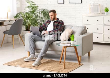 Hübscher bärtiger Mann, der im Wohnzimmer einen Laptop auf dem grauen Sofa benutzt Stockfoto