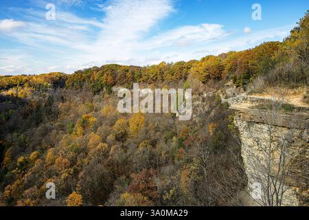 Wunderschöne Herbstfarben mit Blick auf die Spencer Gorge entlang des Dundas Peak Trail in Hamilton, Ontario, Kanada. Stockfoto