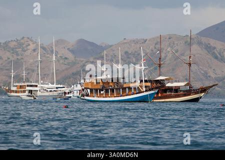 Blick auf den Hafen von Labuan Bajo, East Nusa Tenggara, Indonesien. Labuan Bajo ist der Ausgangspunkt für Kreuzfahrten zum Komodo-Nationalpark. Stockfoto