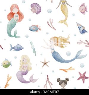 Nahtloses Aquarellmuster mit Meerjungfrauen, Korallen, Muscheln und Unterwasserelementen. Illustration des Ornaments für kindliche Stoffe oder Kinderbettwäsche. Kunst zum Einpacken von Papier oder Babytextilien. Stockfoto